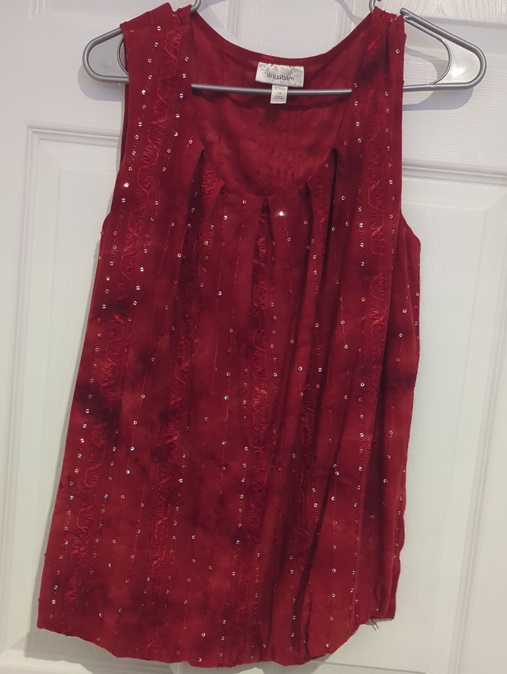 dressbarn Red Sleeveless Sequin Pleated Tunic
